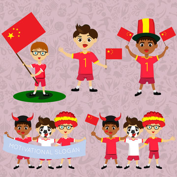 Set of boys with national flags of China. Blanks for the day of the flag, independence, nation day and other public holidays. The guys in sports form with the attributes of the football team