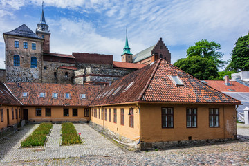Obraz premium Medieval Akershus Castle (from 1299) and fortress in Oslo, Norway. Akershus Castle was built to protect Oslo.