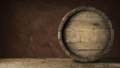 Old Wooden Beer Barrel on the Dark Background.