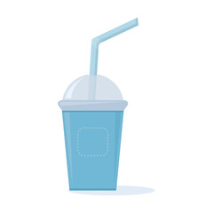 Blue plastic cup with lid and straw for coffee, tea, juice, cocktails. Vector illustration