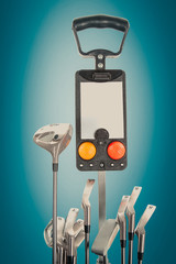 Professional golf equipment in studio on green & blue background