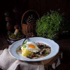 Forest mushroom sauce with fresh mushrooms, potato and poached egg