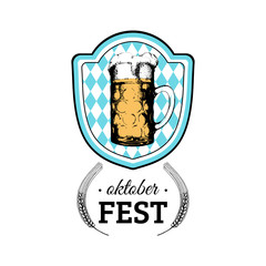Oktoberfest label. Vector beer festival flyer, poster. Brewery badge with vintage hand sketched glass mug.