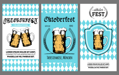 Oktoberfest flyer. Vector beer festival poster. Brewery label or badge with vintage hand sketched glass mug
