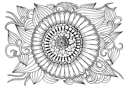 Black and white flower round pattern for adult coloring book.
