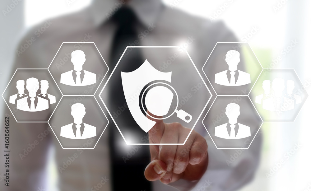 Poster safety check business web computing concept. man presses shield magnifying glass on a virtual digita