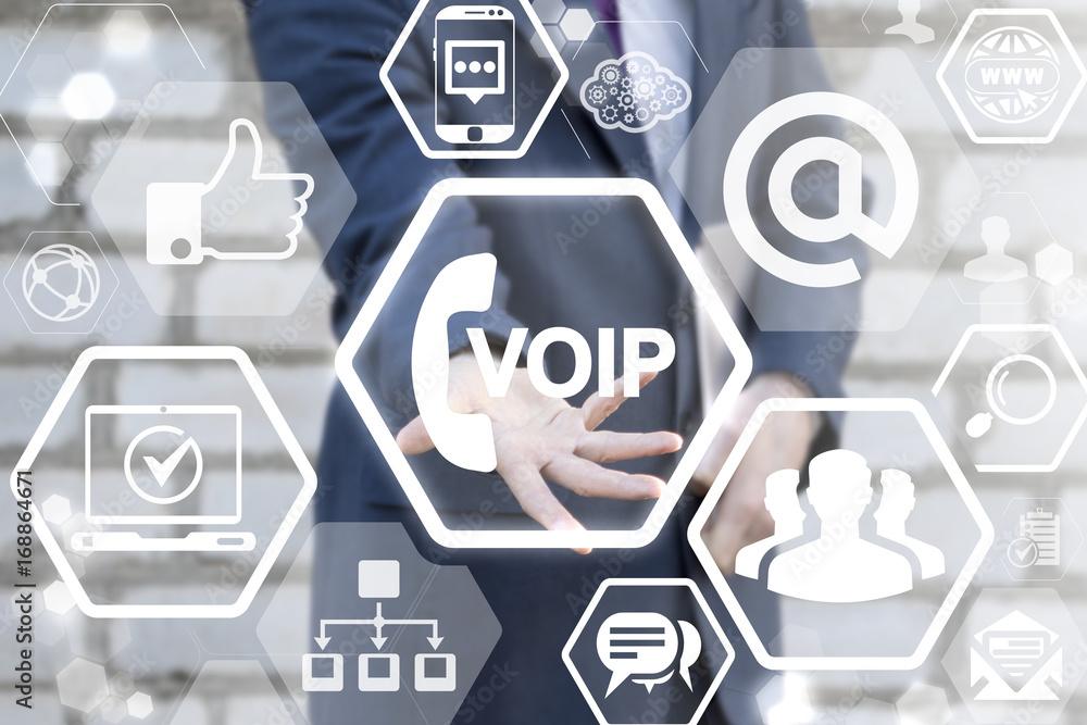 Poster man offers voip handset icon on a virtual digital screen interface. voip global communications conne