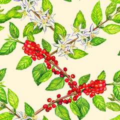 Coffee branch with flowers and fruits, seamless pattern design, hand painted watercolor illustration, soft yellow background