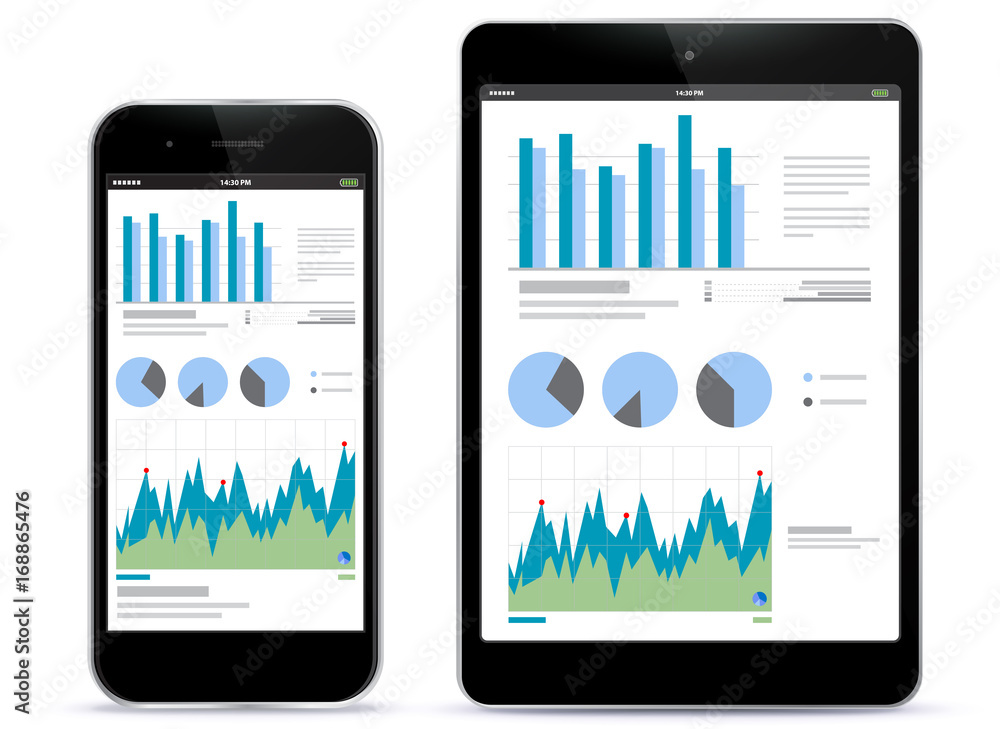 Poster mobile phone and tablet computer screens with financial charts and graphs