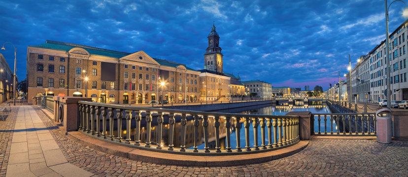 Panoramic view on the embankment from Residence bridge in the evening in Gothenburg, Sweden