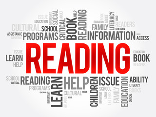 Reading word cloud collage, education concept background