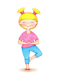 hands drawn illustration of young smiling girl in pink tshirt and blue shorts doing yoga by the color pencils