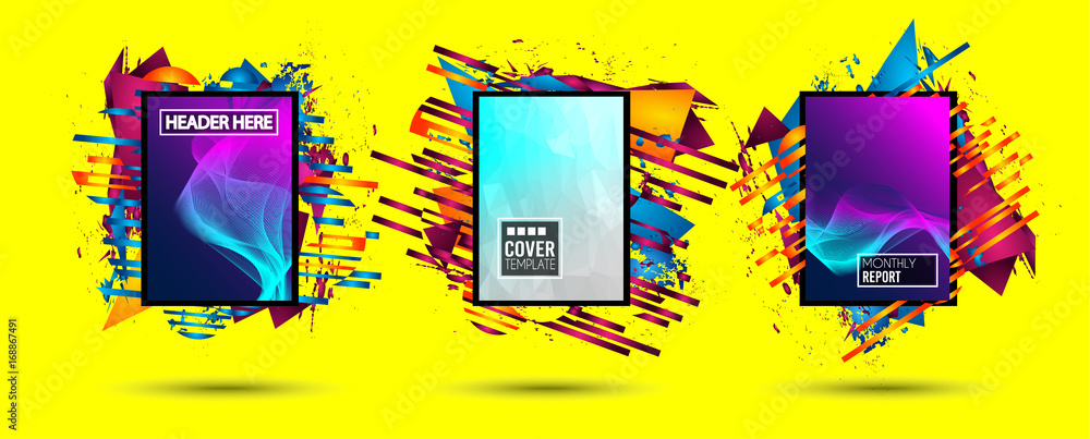 Aufkleber futuristic frame art design with abstract shapes and drops of colors behind the space for text. mode