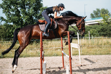 Young female jockey on horse leaping over hurdle