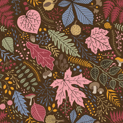 Seamless pattern of leaves, branches and berries
