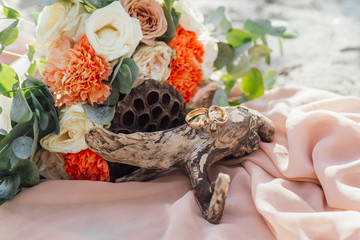 Wedding flower arrangement in boho style in the forest
