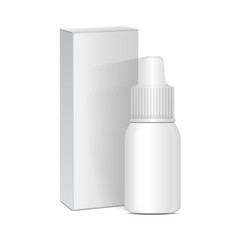 Spray Nasal or Eye Antiseptic Drugs. White Plastic Bottle With Box. Common Cold, Allergies. Vector Realistic Mock Up