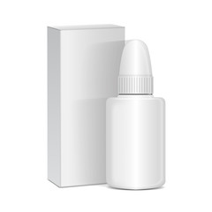 Vector Spray Nasal or Eye Antiseptic Drugs. White Plastic Bottle With Box. Common Cold, Allergies. Realistic Mock Up
