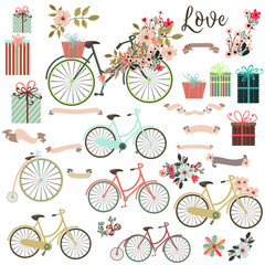 Fototapeta na wymiar Big cute collection of save the date elements or valentine with bicycle and flowers