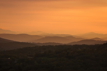 Looking west from Kahlenberg into the sunset and towards the Vienna Woods (Austria). The area is densely wooded and popular for recreation.