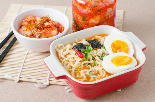 Instant noodles and kimchi cabbage ready to eating,Korean food