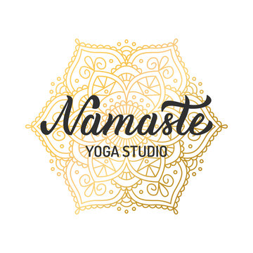 Hand lettering logo for yoga studio. Gilding mandala elements. Vector illustration.