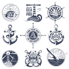 Vector set of badges with a general theme of the sea with the image of a wash, gulls, steering wheel, anchors for your design, printing, print on the T-shirt and the Internet.