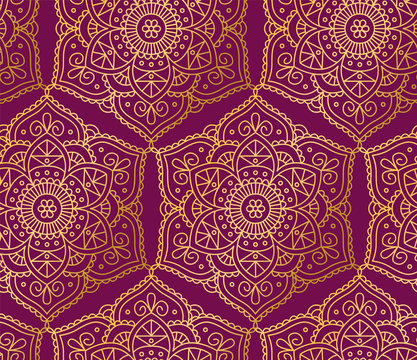 Indian seamless pattern consisting of gilding mandalas. White background. Vector illustration.
