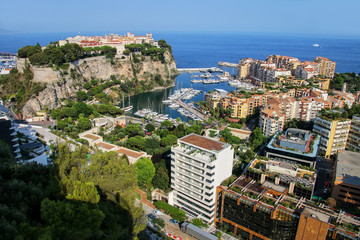 Fototapeta premium View of Monaco City and Fontvieille with boat marina in Monaco.
