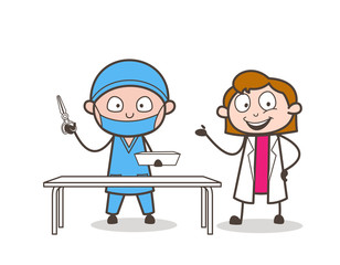 Cartoon Female Doctor Introducing to Cardiologist Surgeon