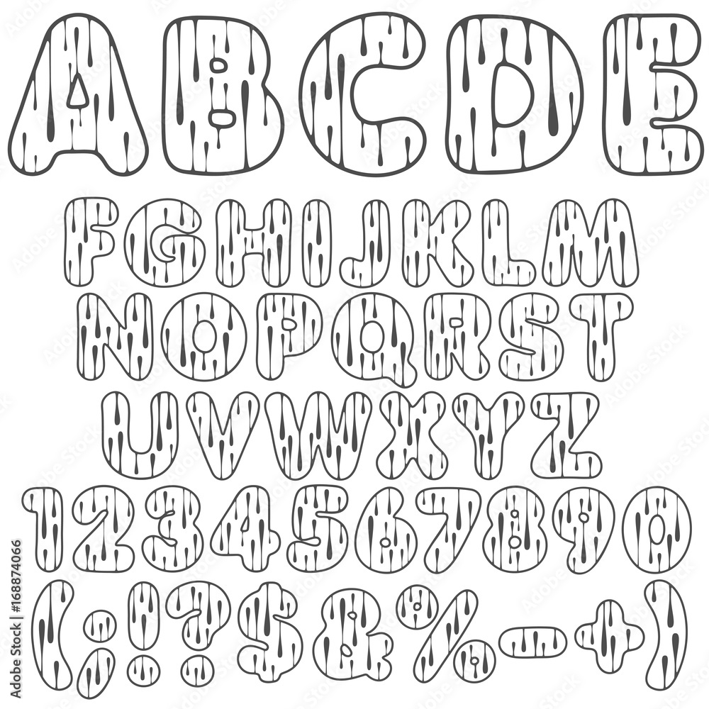 Aufkleber alphabet, letters, numbers and signs with drops. isolated vector objects on a white background.