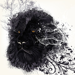 Fashion background with wild black lion in grunge style