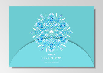 invitation card vintage design with lace mandala pattern on blue background vector