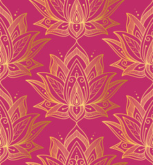 Indian seamless pattern consisting of gilding lotus flowers. Pink background. Vector illustration.