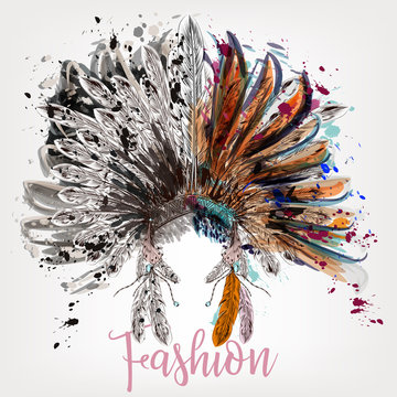 Fashion boho design with headdress and spots