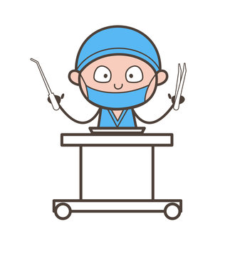 Cartoon Dentist with Dental Tools Vector Illustration