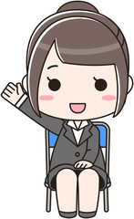 面接で挙手をして笑顔で質問をする就活中の女性のイラスト