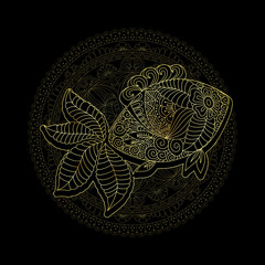 Vector illustration golden cartoon fish with floral doodle ornament and mandala. Design for tattoo, coloring book page, embossing. Decorative element