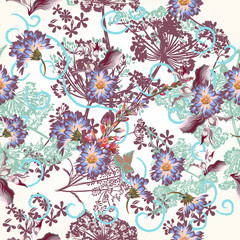 Floral wallpaper pattern with blue flowers and plants