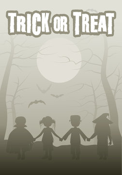 Trick or treat. Group of children in the forest on Halloween night