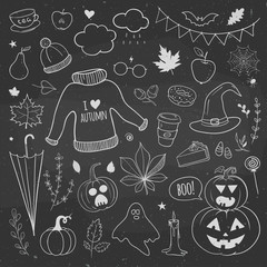 autumn set of doodles on a chalkboard