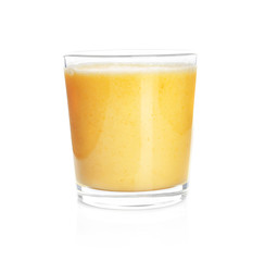 Glass of delicious orange yogurt smoothie on white background