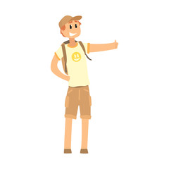 Young smiling man with backpack standing with a sign hitchhiking and raised his thumb up, travelling by autostop cartoon vector Illustration