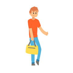 Young man with bag standing with a sign hitchhiking and raised his thumb up, travelling by autostop cartoon vector Illustration