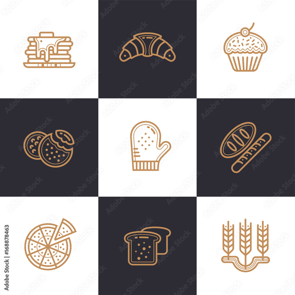 Aufkleber set of linear icons, bakery and cooking. modern outline icons for mobile application and web concept