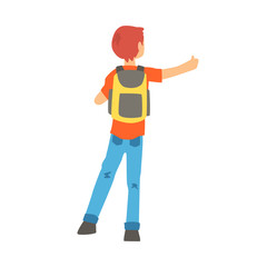Man with a big backpack stopped a ride by thumbing, back view, travelling by autostop cartoon vector Illustration