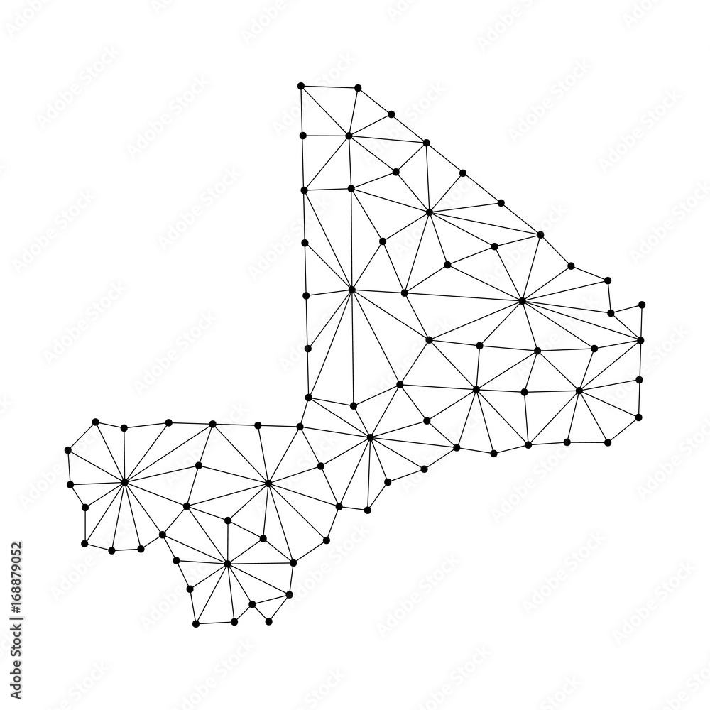 Poster mali map of polygonal mosaic lines network, rays and dots vector illustration.