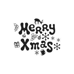 Merry xmas. Christmas calligraphy phrase. Handwritten brush seasons lettering. Xmas phrase. Hand drawn design element. Happy holidays. Greeting card text. Christmas calligraphy.
