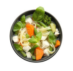 Bowl with delicious turkey soup on white background