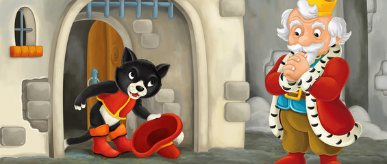 cartoon scene with cat welcoming prince or king in front of castle gate - illustration for children